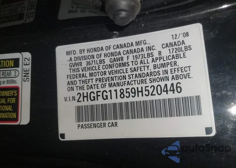 2009 Honda Civic Ex из США, поврежденный, VIN 2HGFG11859H520446